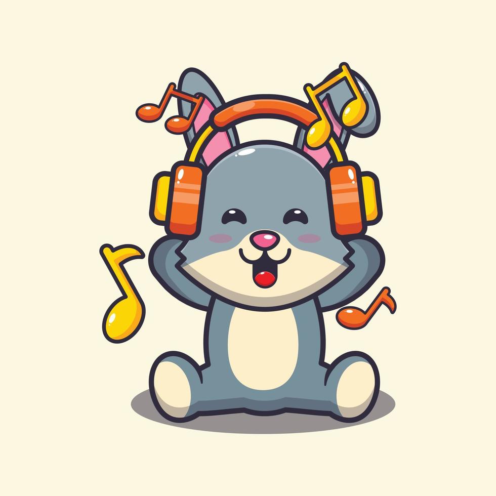 Lindo conejo escuchando música con ilustración de vector de dibujos animados de auriculares