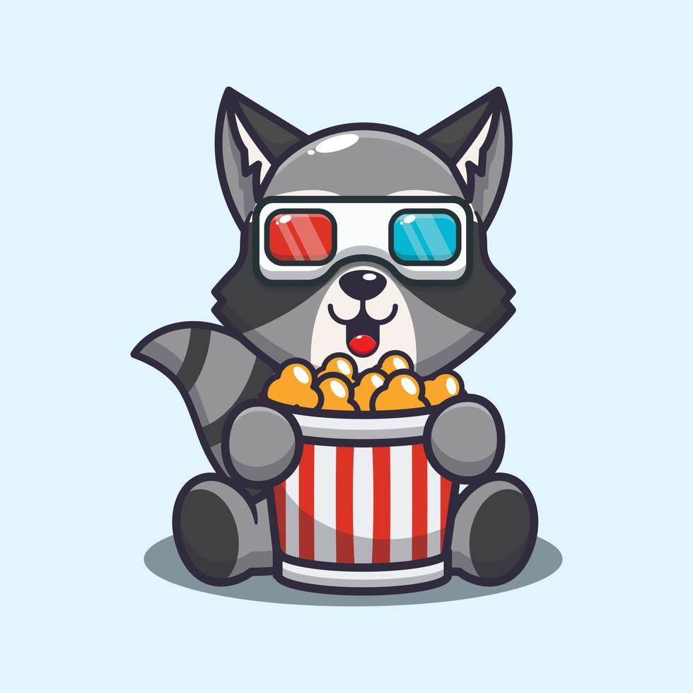 lindo mapache comiendo palomitas de maíz y viendo una película en 3d vector