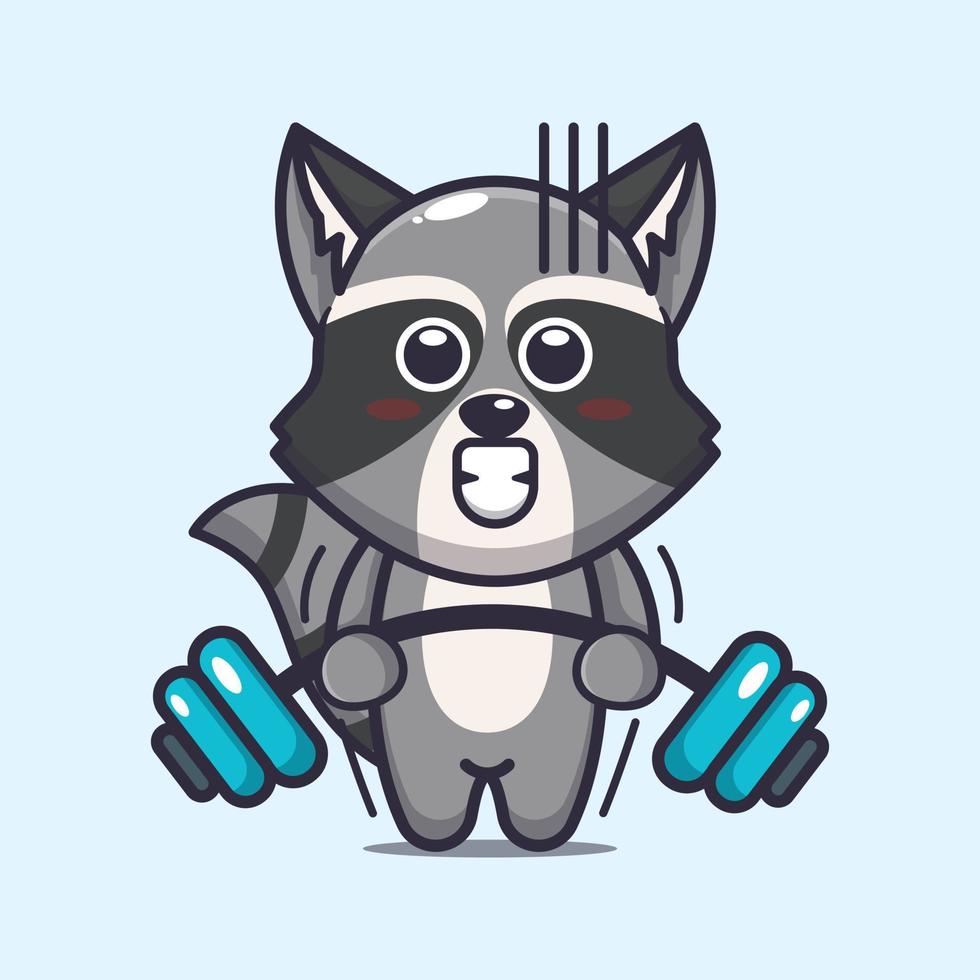 Cute raccoon lifting barbell cartoon vector illustration