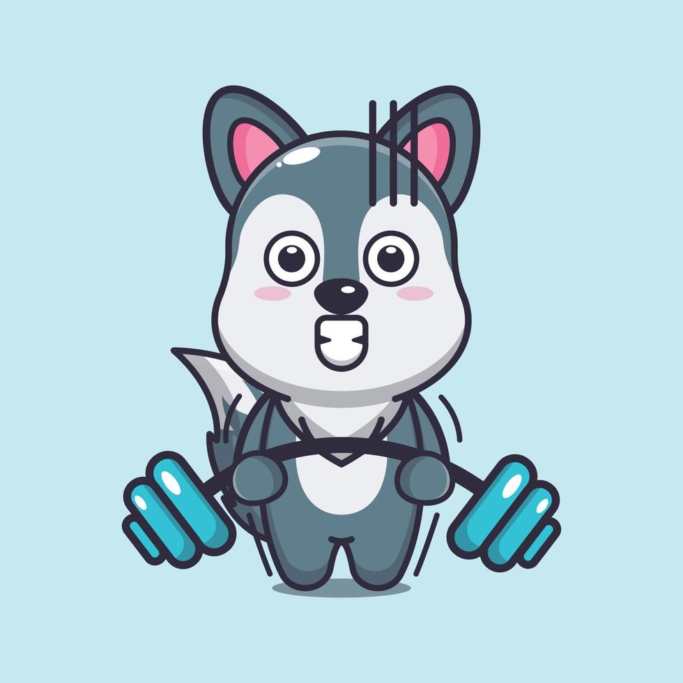 Cute wolf lifting barbell cartoon vector illustration