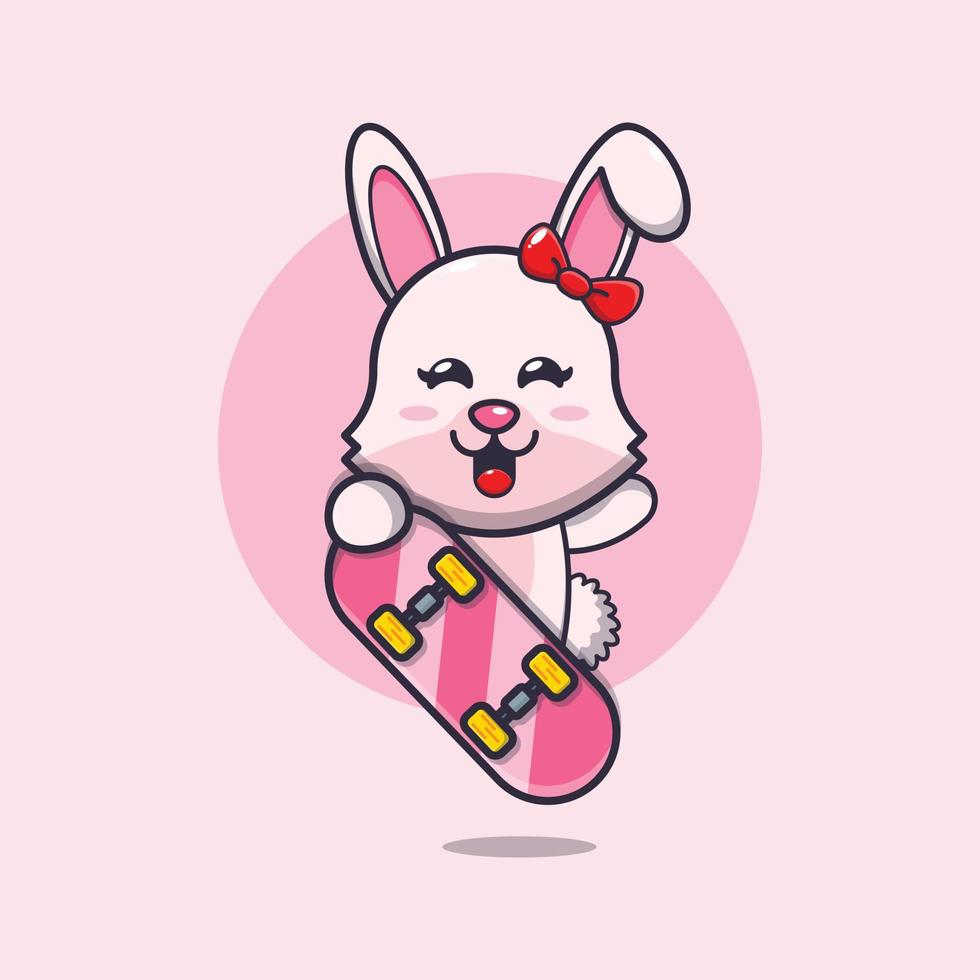 lindo personaje de dibujos animados de la mascota del conejito con patineta vector