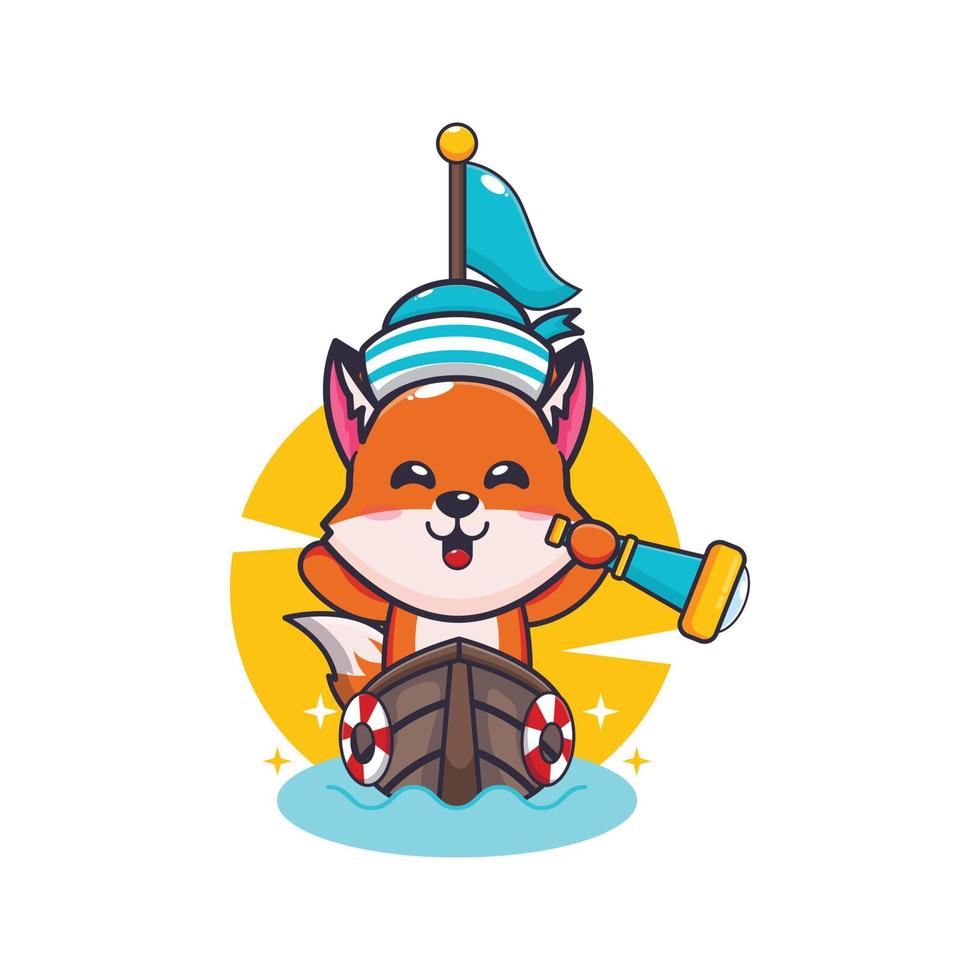 cute fox mascot cartoon character on the boat vector