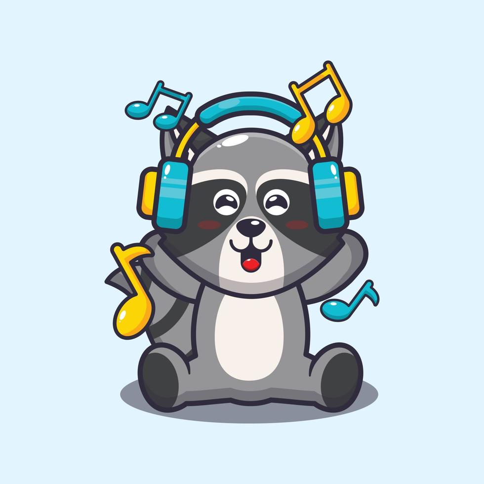 Lindo mapache escuchando música con ilustración de vector de dibujos animados de auriculares