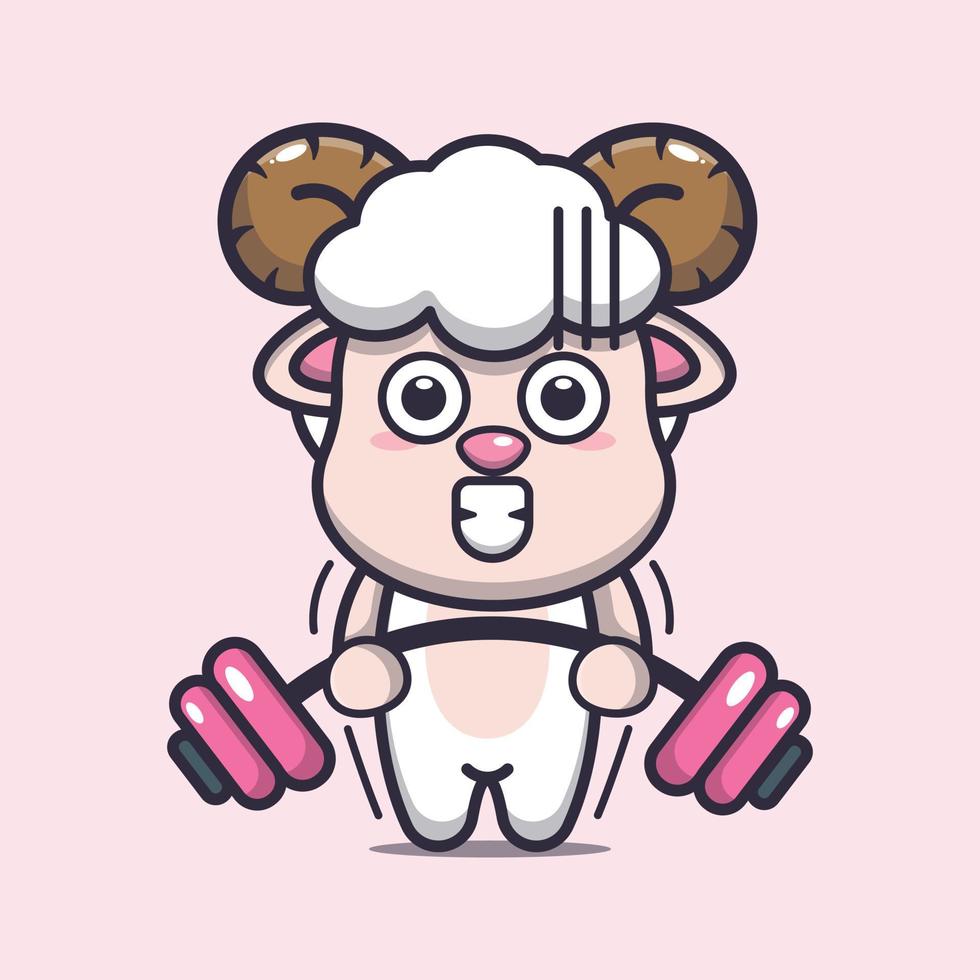 Cute sheep lifting barbell cartoon vector illustration