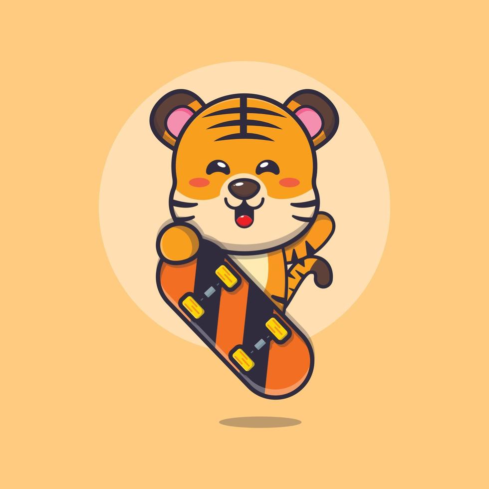 lindo personaje de dibujos animados de la mascota del tigre con patineta vector