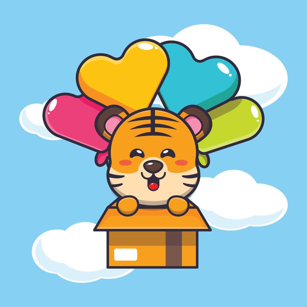 cute tiger mascot cartoon character fly with balloon vector