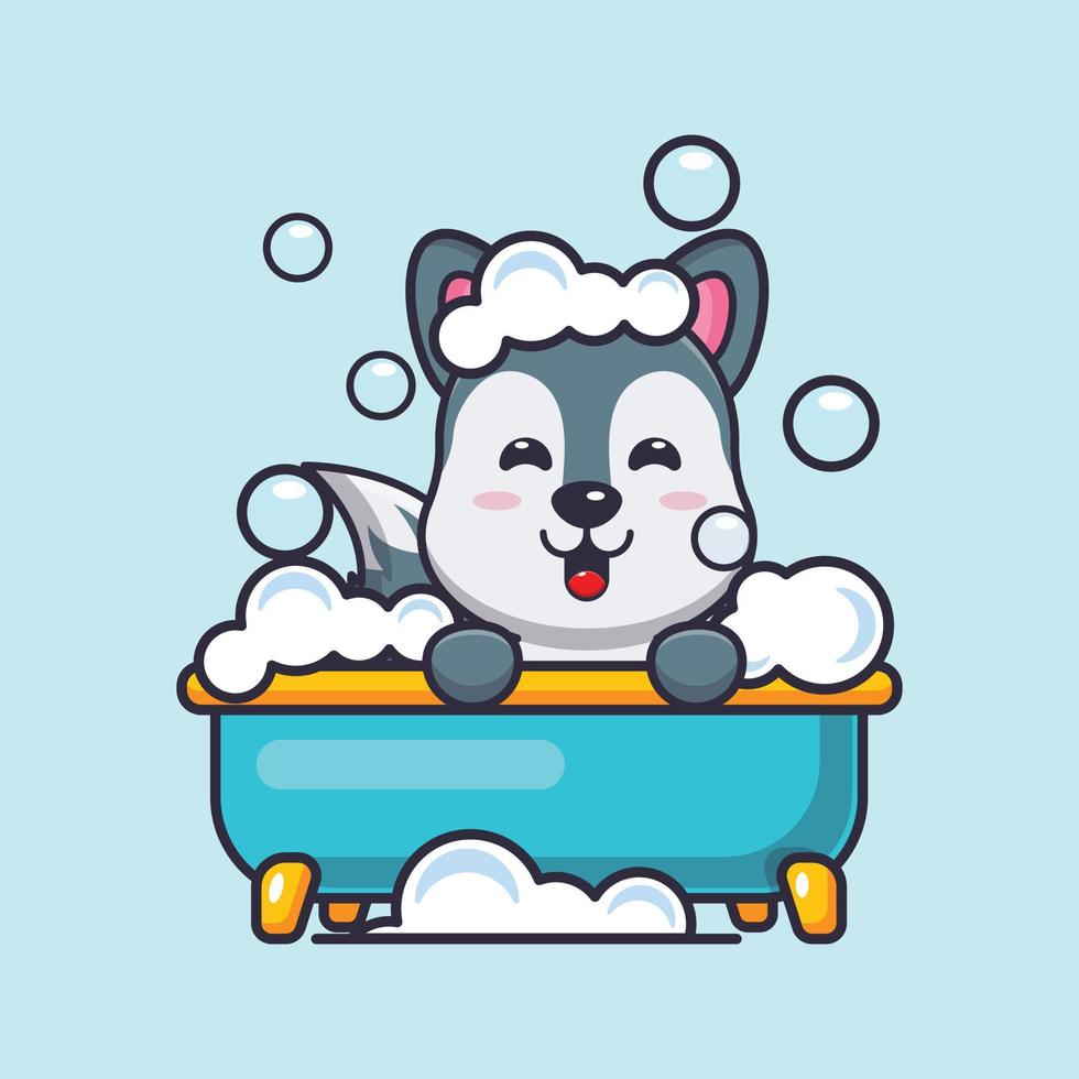 Cute wolf taking bubble bath in bathtub cartoon vector illustration