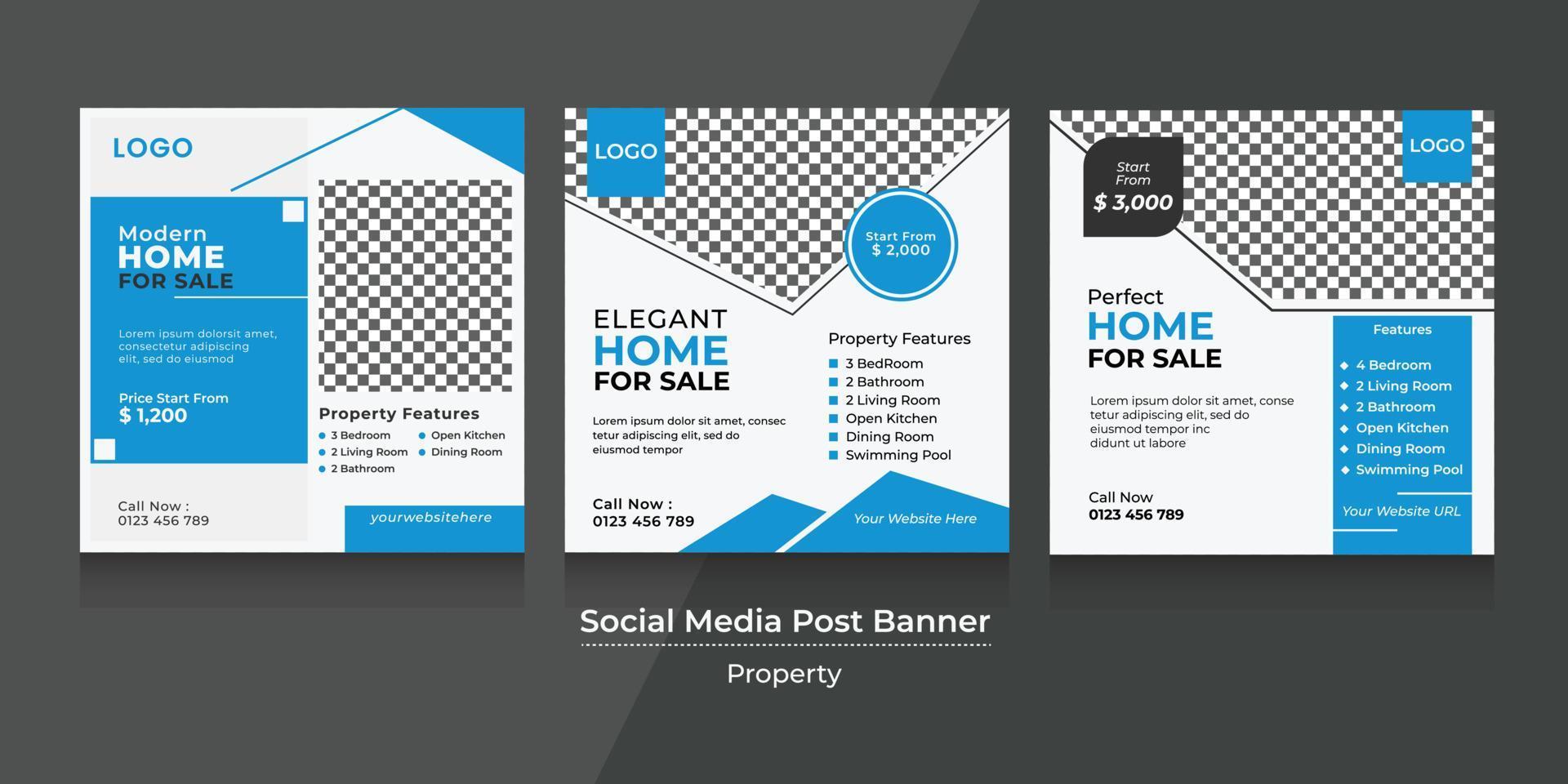 Vector graphic of social media banner design with blue, black and white color scheme. Perfect for property agency or house selling promotion