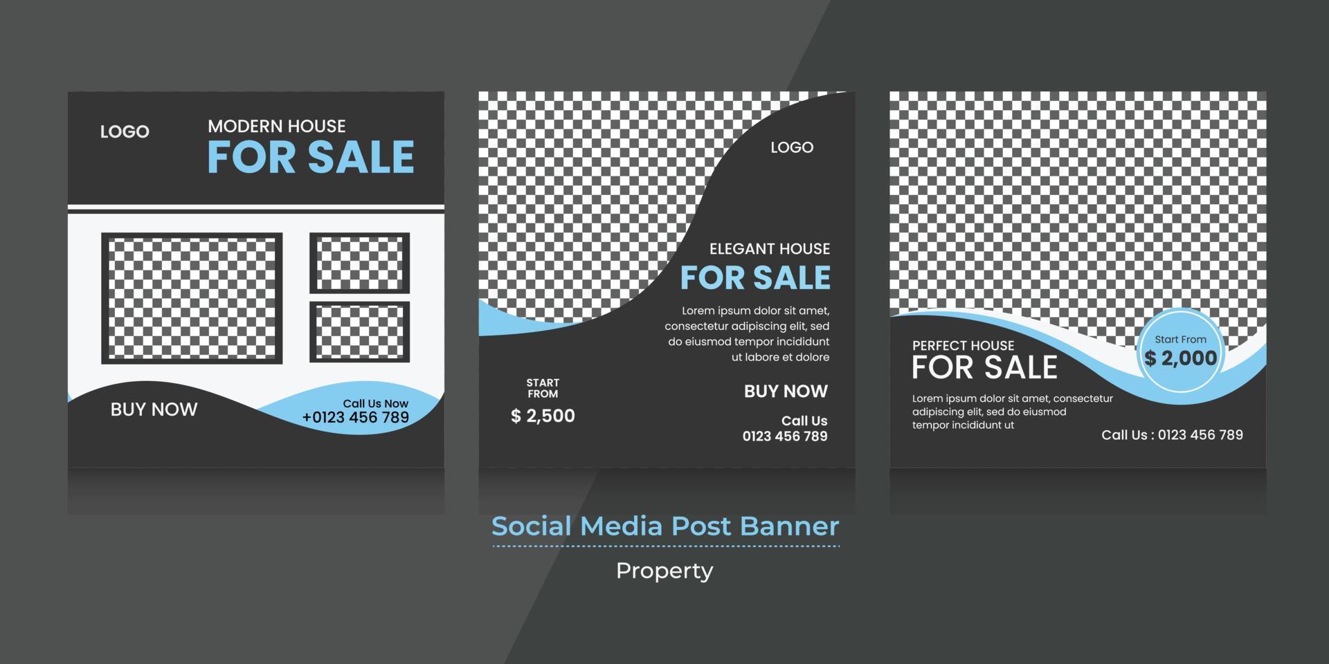 gráfico vectorial del diseño de banner de medios sociales con esquema de color azul, blanco y negro. perfecto para agencia inmobiliaria o promoción de venta de casas vector