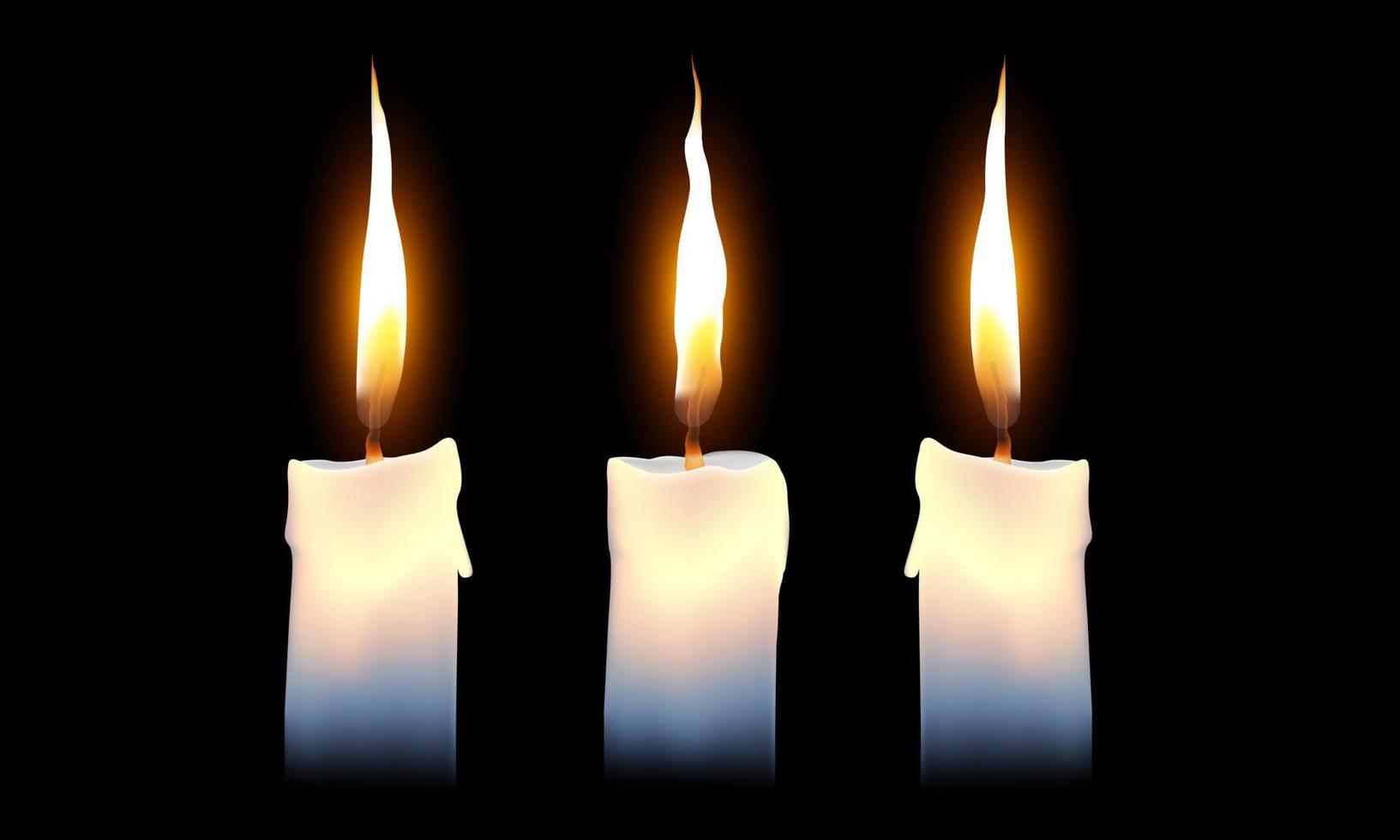 Three white candles in a dark black background, meditation and peace. vector