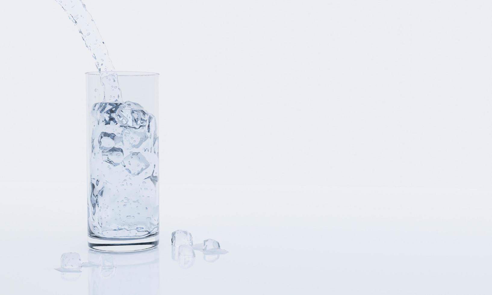 Pouring water from bottle into glass on white background and reflection on surface. 3D rendering. photo