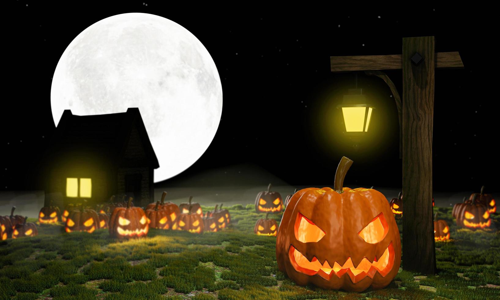 Halloween Pumpkin. The demon's face had light from inside. Full moon and many star black background and the light shining from the back. 3D Rendering photo