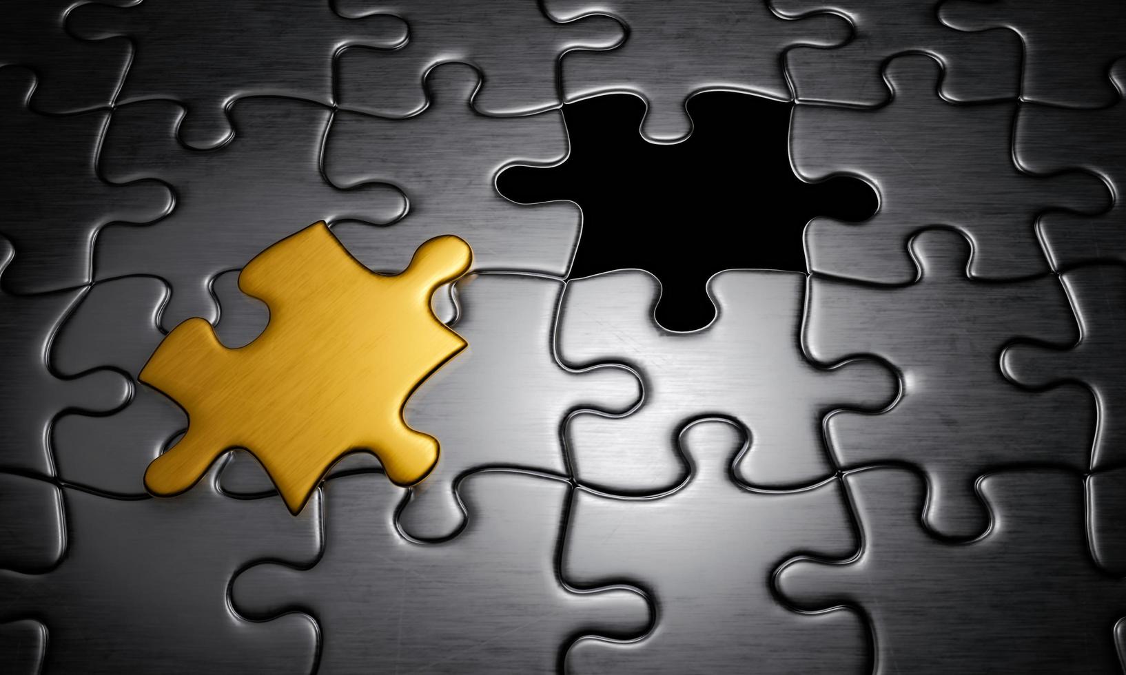 Jigsaw or puzzle, dark metal surface. Gold color blocks for a perfect complement. Bright white background from the bottom. 3D Rendering photo
