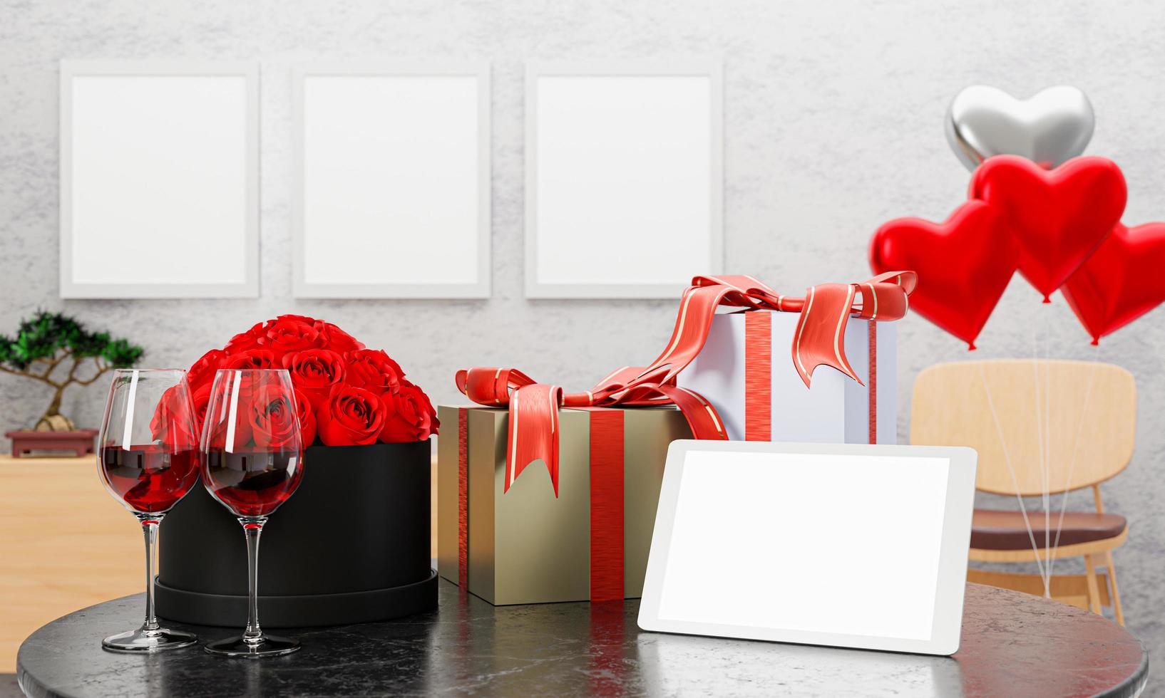 White blank screen tablet Put on a table with a gift box and a glass of wine For the celebration of the couple. A red rose to give to your lover. Heart-shaped balloons as background.3D Rendering photo