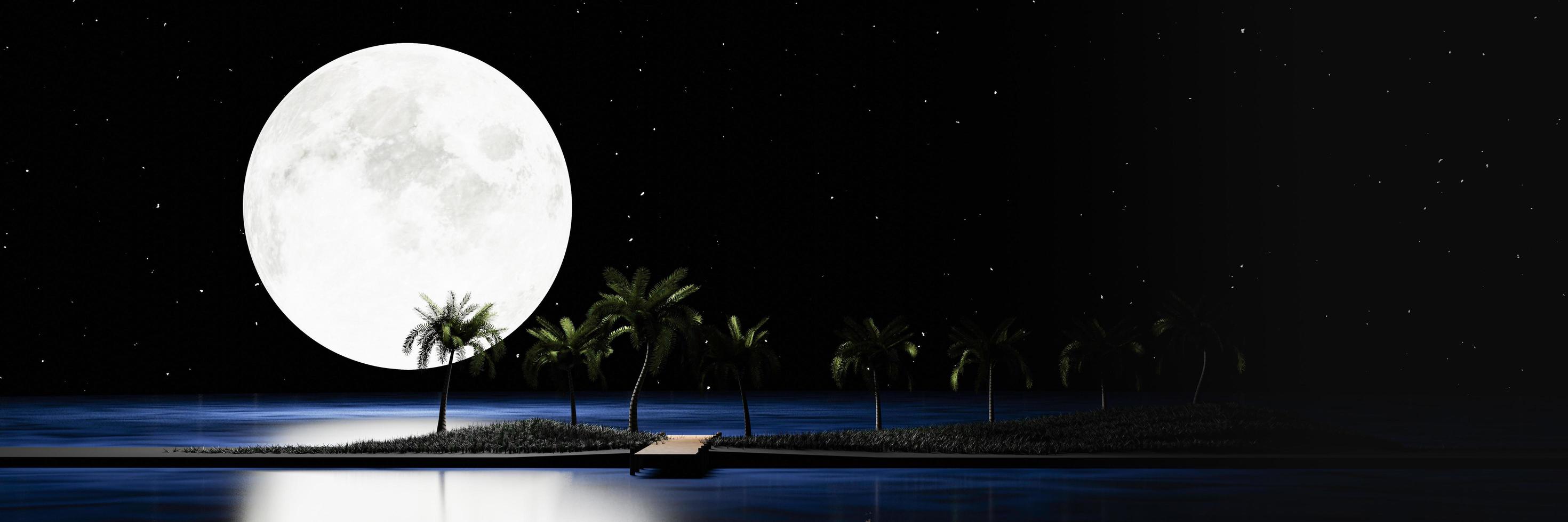 Full moon night, many stars fill the sky. A wooden bridge extends down to the sea or the pier, with coconut trees along the way. Romantic scene by the sea on a full moon wooden bridge. 3D rendering. photo