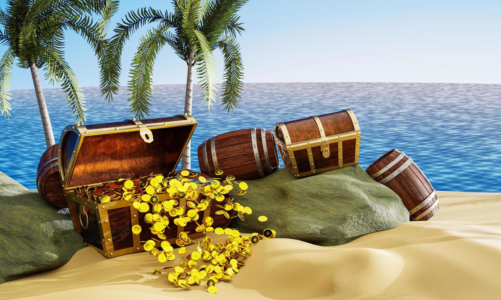 Gold coins are scattered from boxes or treasure chests. wooden treasure chest put on the beach at a deserted island in the theme of Pirate treasure. 3D rendering photo