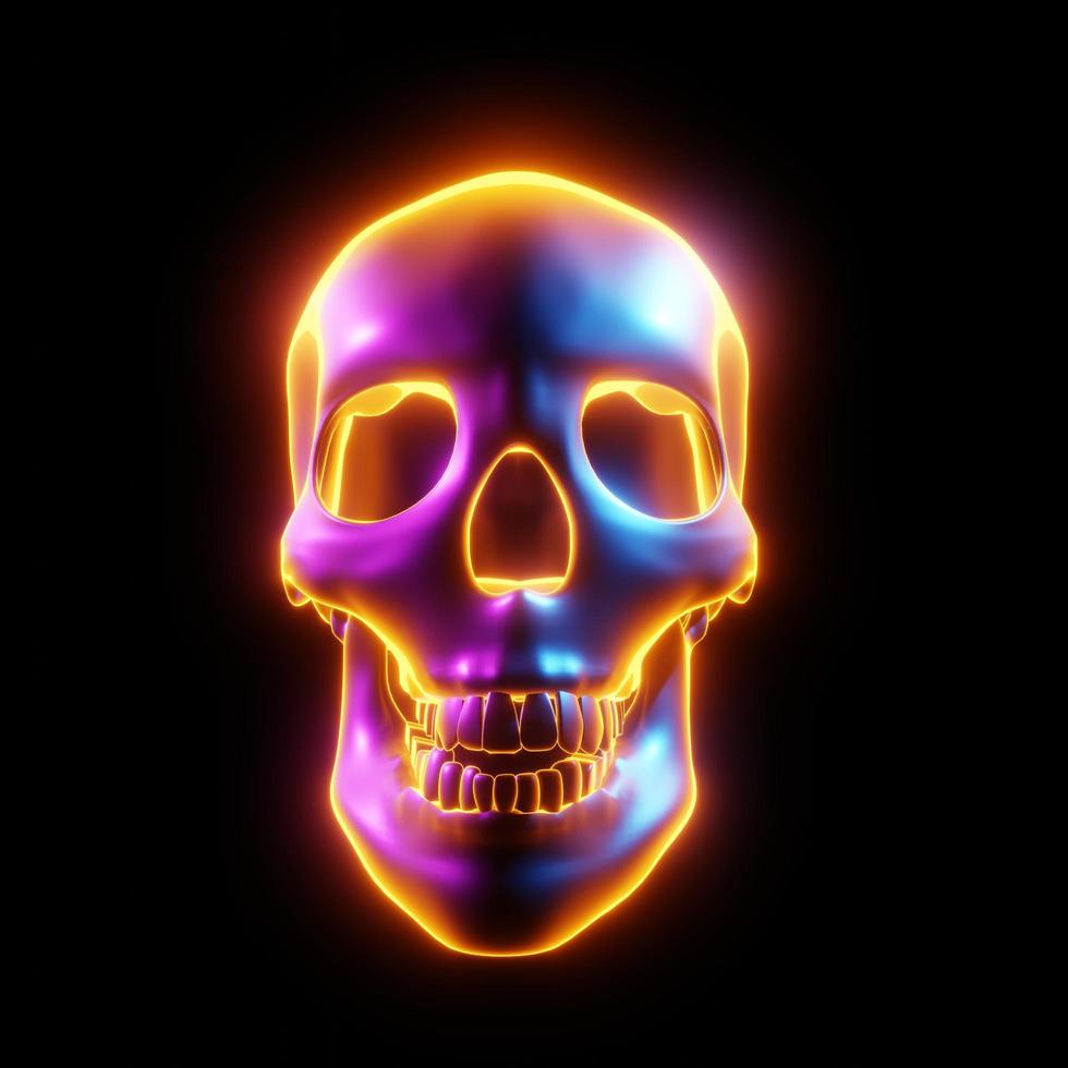 Glowing skull, multicolored, light tones of Cyberpunk or science fiction or sci-fi movie on black background. 3D Rendering. photo