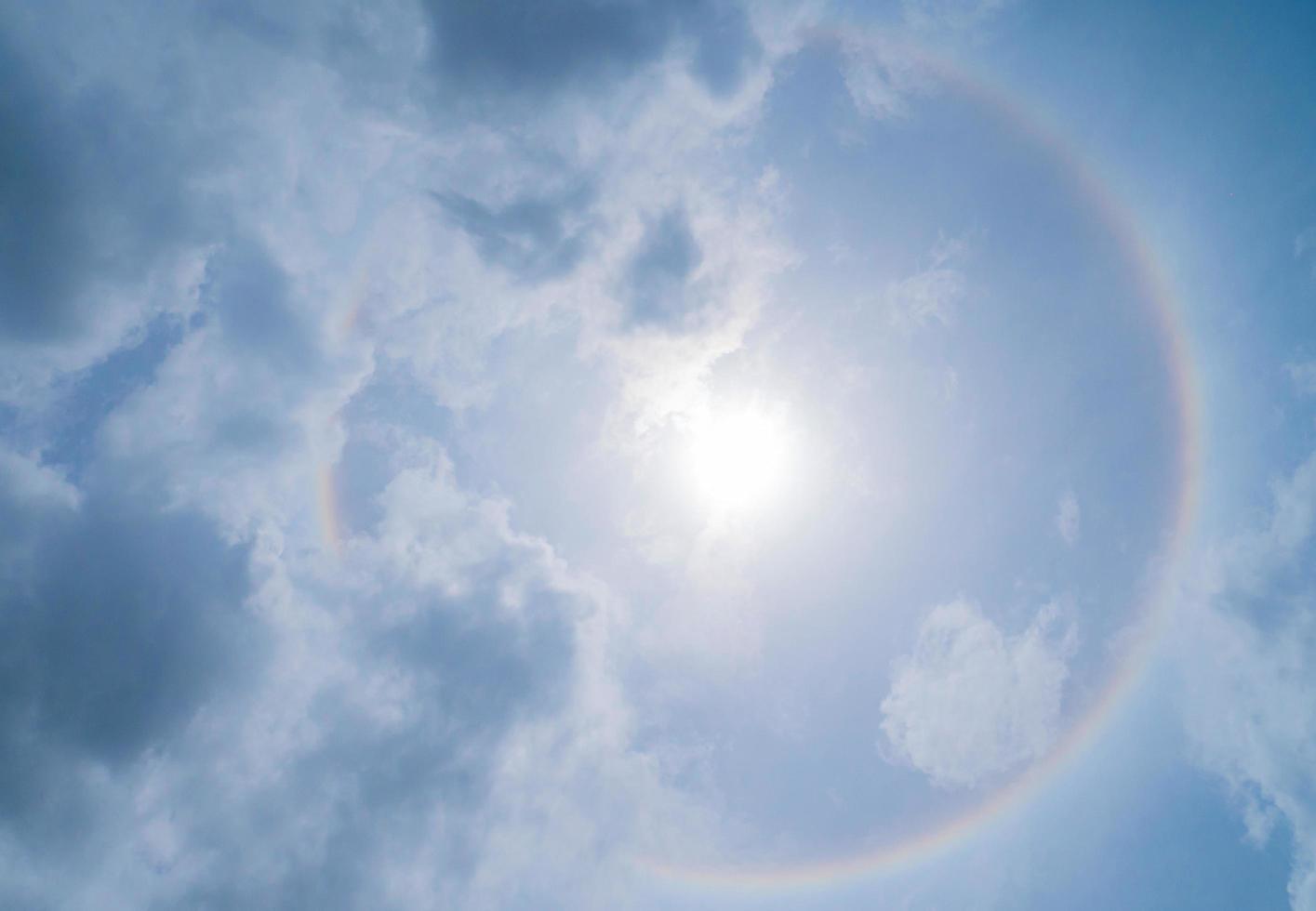 The sun sets at noon. Rainbow halo around the sun at noon. Sky with gray clouds and rainbow halo. photo