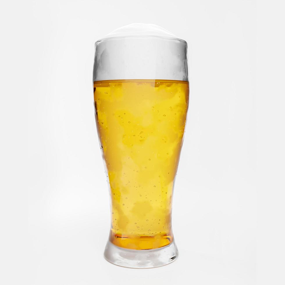 Draft or craft beer in a clear glass with beer foam and bubbles in the glass. Cold alcoholic beverages are popular around the world. On a white background 3D Rendering photo