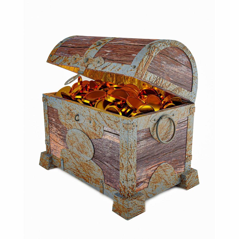 Golden coins in Old broken vintage pirate treasure chest. Rotten and broken. Storing valuables Made of cracked wood And rusted metal texture Isolated on white background and wallpaper.3D Rendering. photo