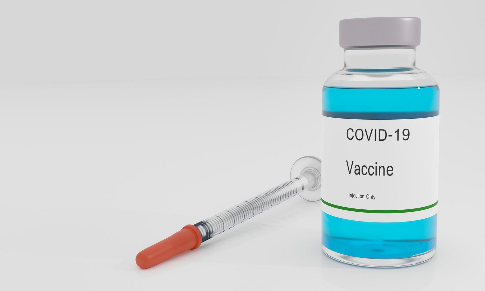 Covid-19 virus nCoV Concept. Virus vaccine for injection with syringe. Medicine bottle for injection. Medical glass vials and syringe for vaccination. 3D Rendering. photo