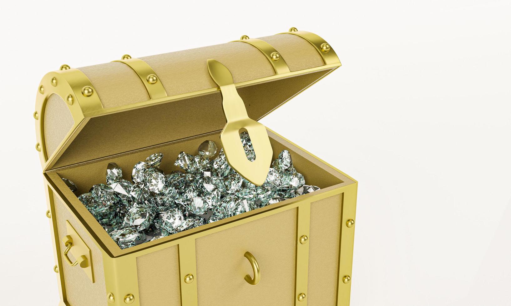Many diamonds in  golden vintage treasure chest use for Gem storage box. Isolated on white background and wallpaper. 3D Render. photo
