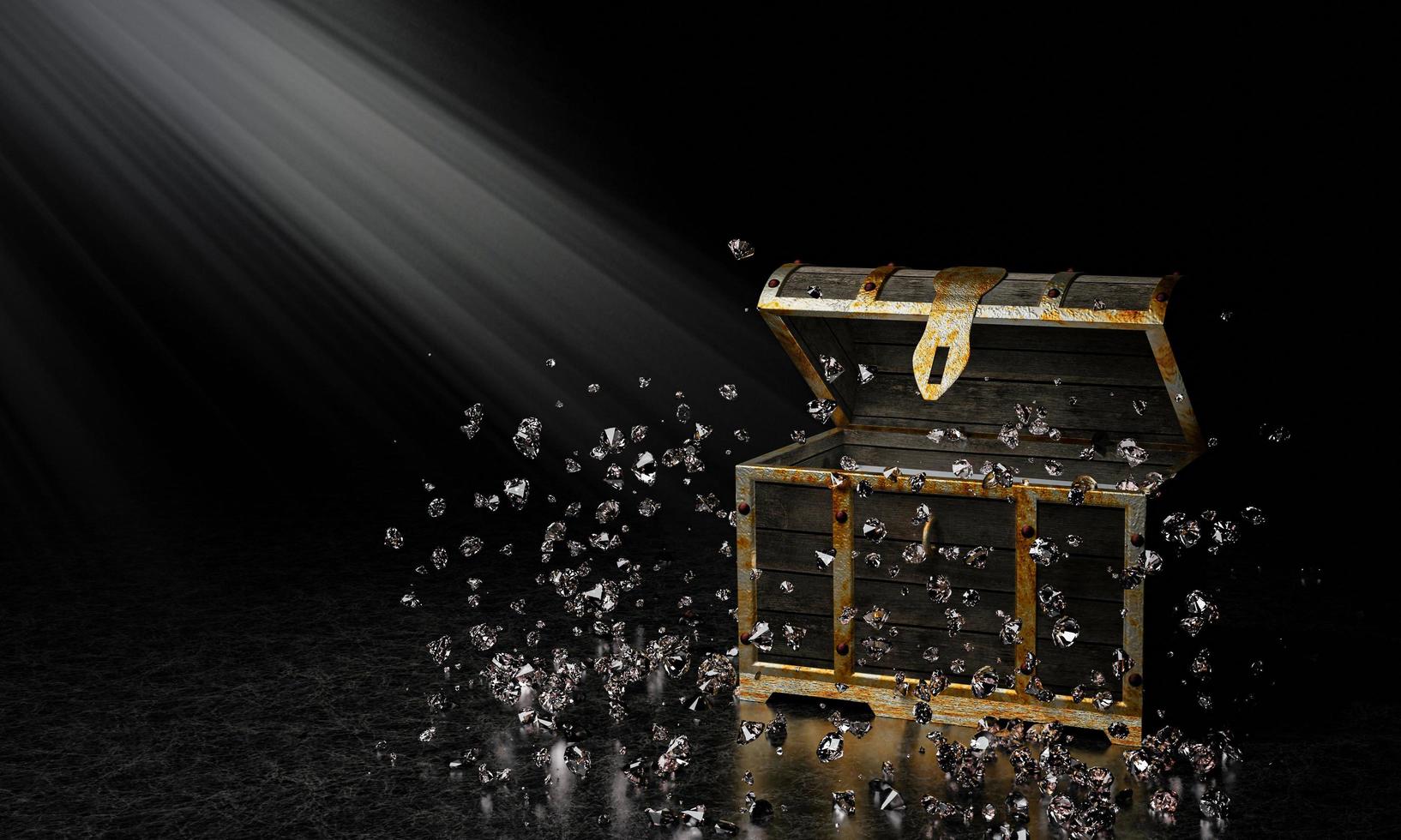 Numerous diamonds dashed out of the treasure chest. The treasure chest is made of wood. Put on a marble floor There are lights and God rays.3D Rendering. photo