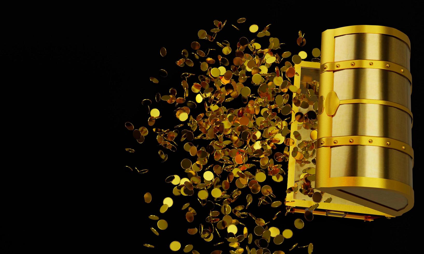 Many distribute gold coins flew from the treasure chest. A treasure chest made of gold, luxurious, expensive. An ancient treasure box opened with gold coins ejected. 3D Rendering. photo