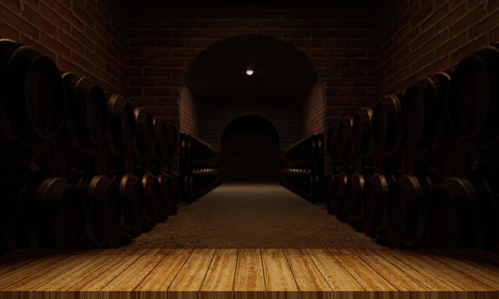 barriles de madera para la fermentación del vino. espacio para almacenar múltiples tanques de fermentación de vino. la pared de ladrillo es de color rojo anaranjado. representación 3d foto