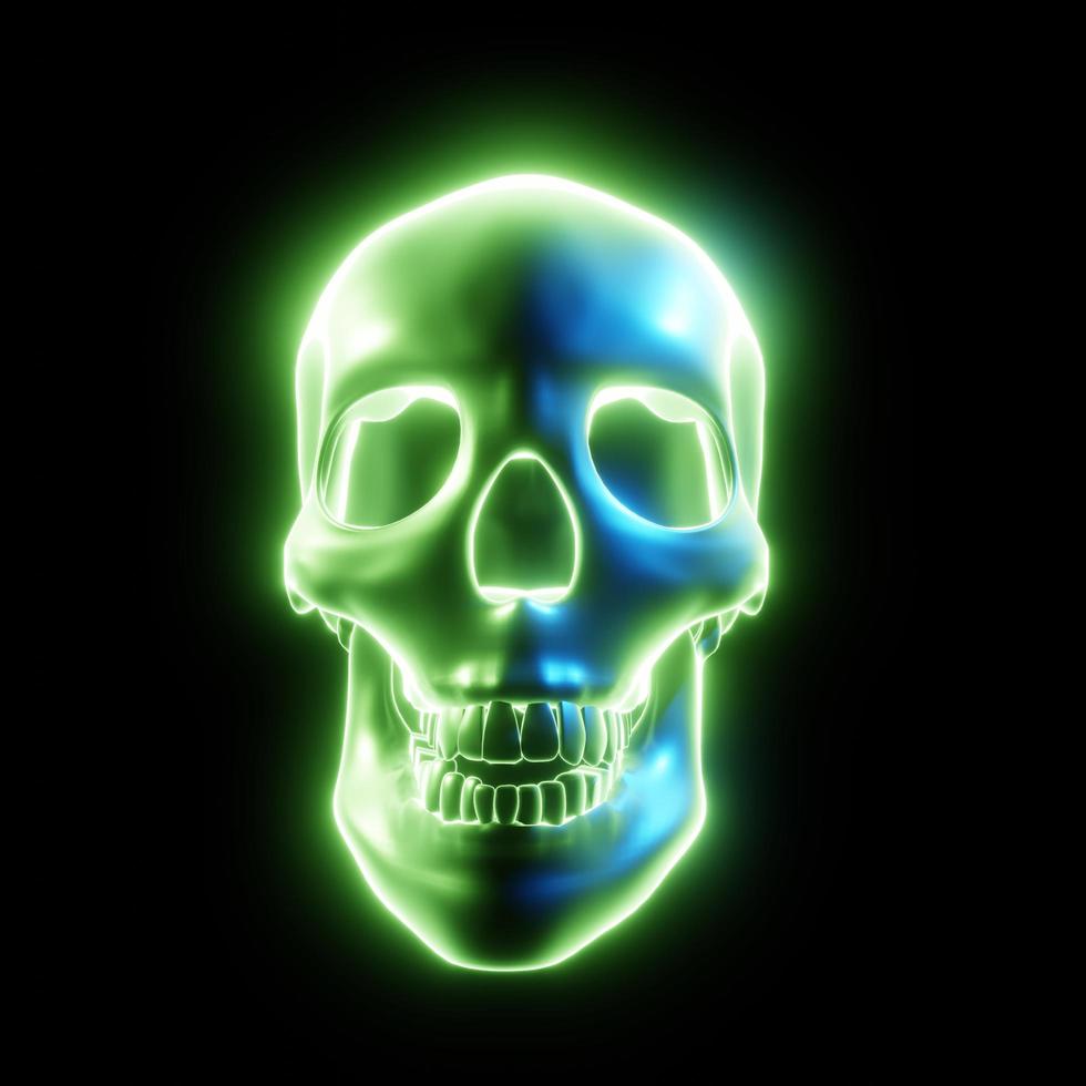 Glowing skull, multicolored, light tones of Cyberpunk or science fiction or sci-fi movie on black background. 3D Rendering. photo