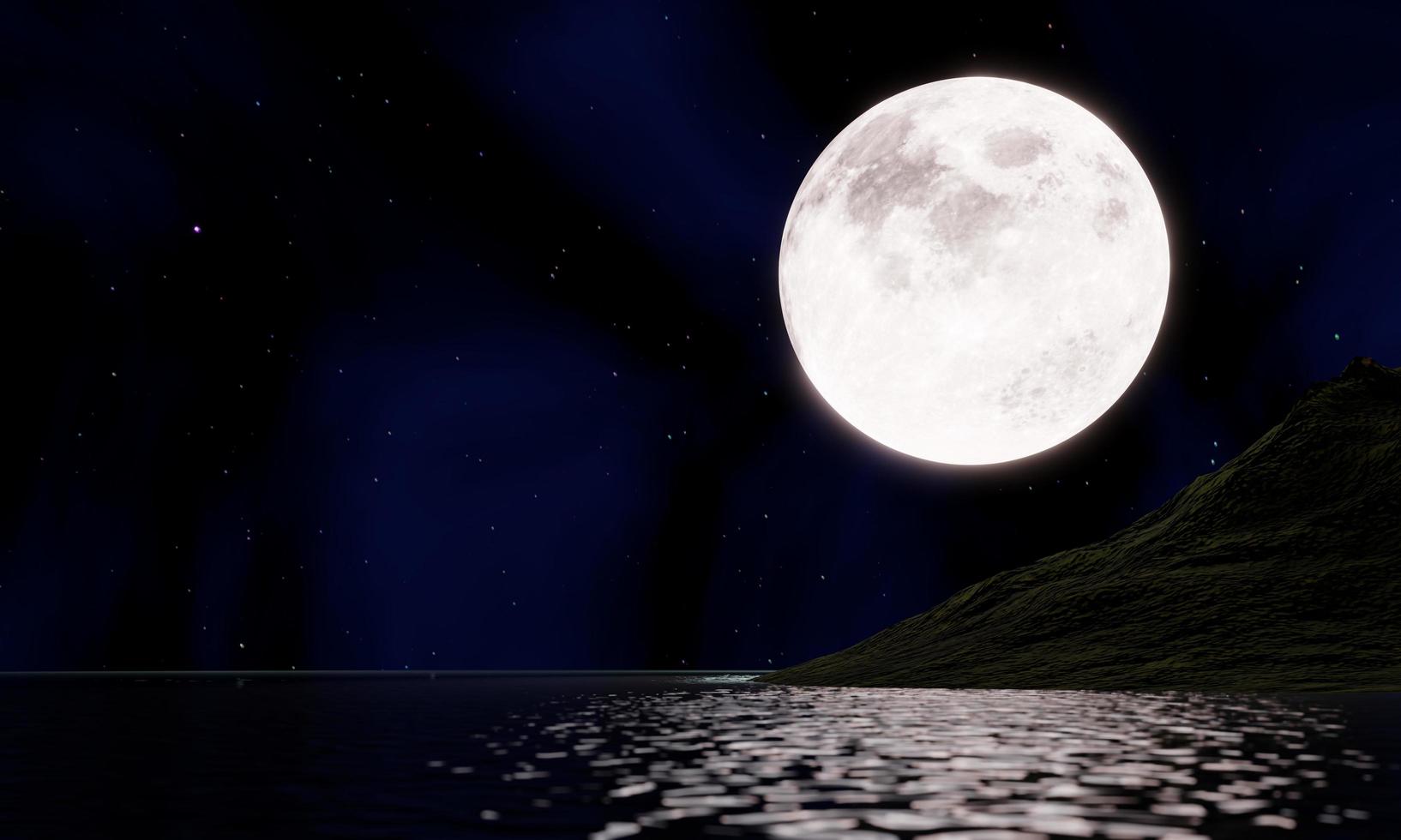 full moon Reflected on the surface of the sea or ocean. The night of the 15th lunar day or the Mid-Autumn Festival The stars fill the sky. super moon golden yellow beautiful nature. 3D rendering photo