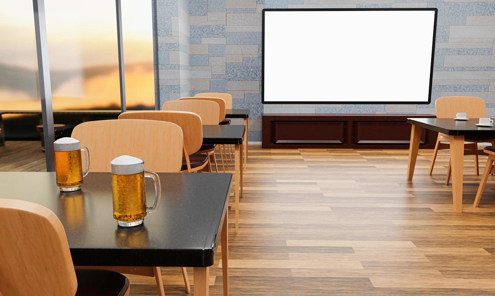 A large TV screen mounted on a wall in a restaurant or coffee shop. A large plasma TV in a restaurant. Fresh beer in a clear glass on the dining table. 3d rendering. photo