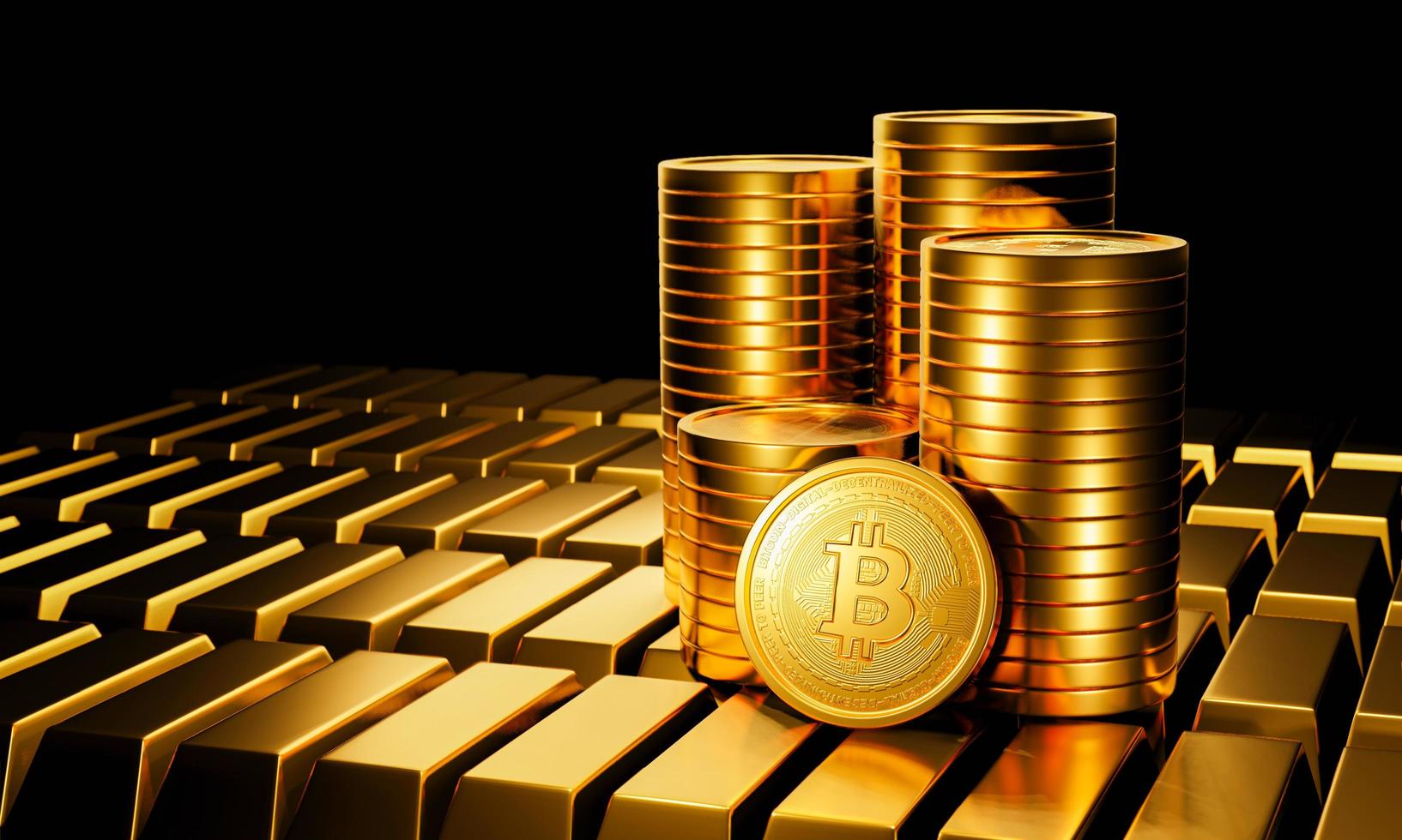 la moneda de oro tiene un símbolo de bitcoin. criptomoneda el formato de la moneda se apila sobre un fondo negro. criptomonedas para el comercio de productos básicos, negocios, tecnología. representación 3d foto