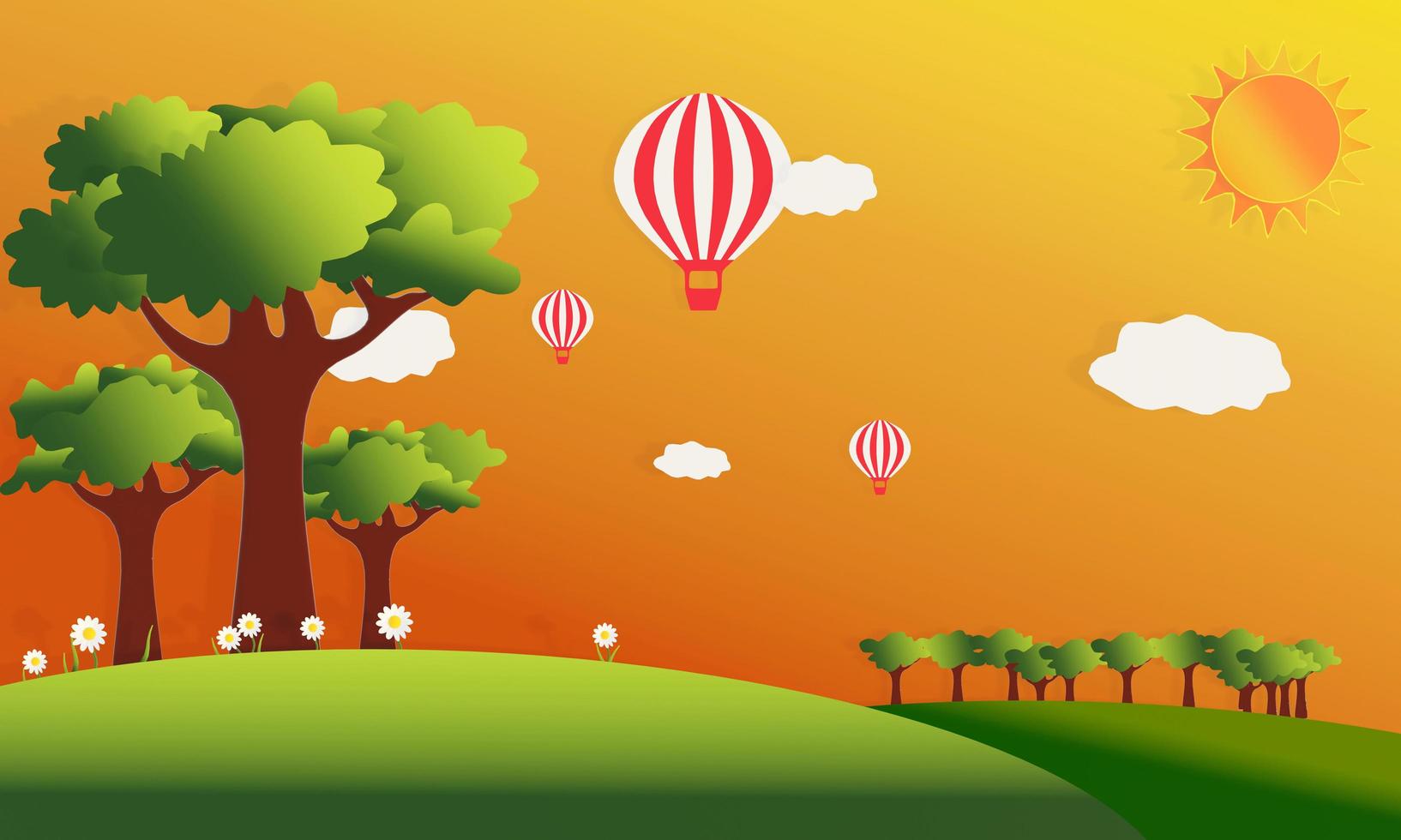 vector of summer hill and fields with  trees and  balloon in the sky photo