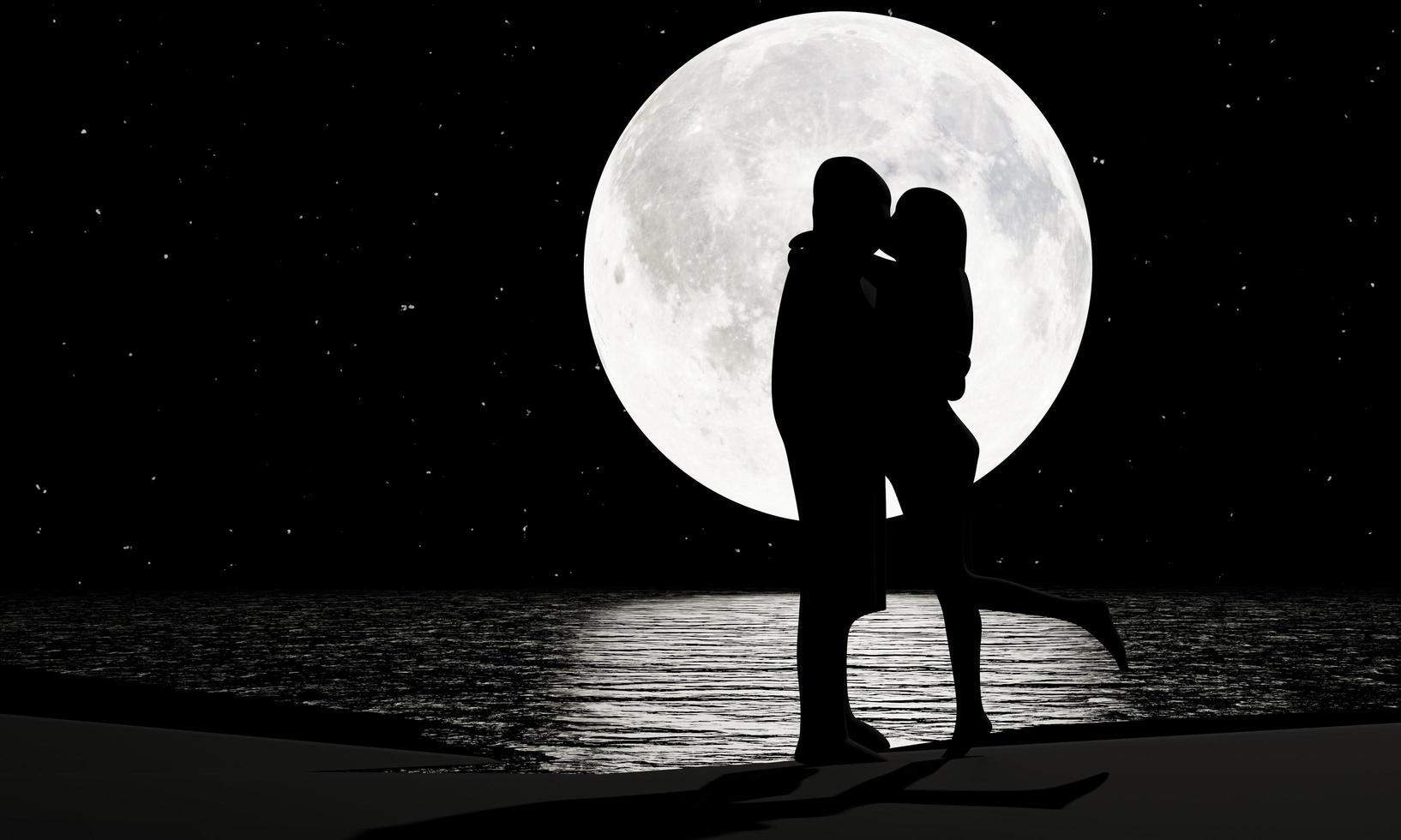 Silhouette Lovers Kissing Romanticly There is a full moon and a star full of the sky as the background. The moon's reflection is reflected in the river. Romance and marriage proposals. 3D Rendering photo