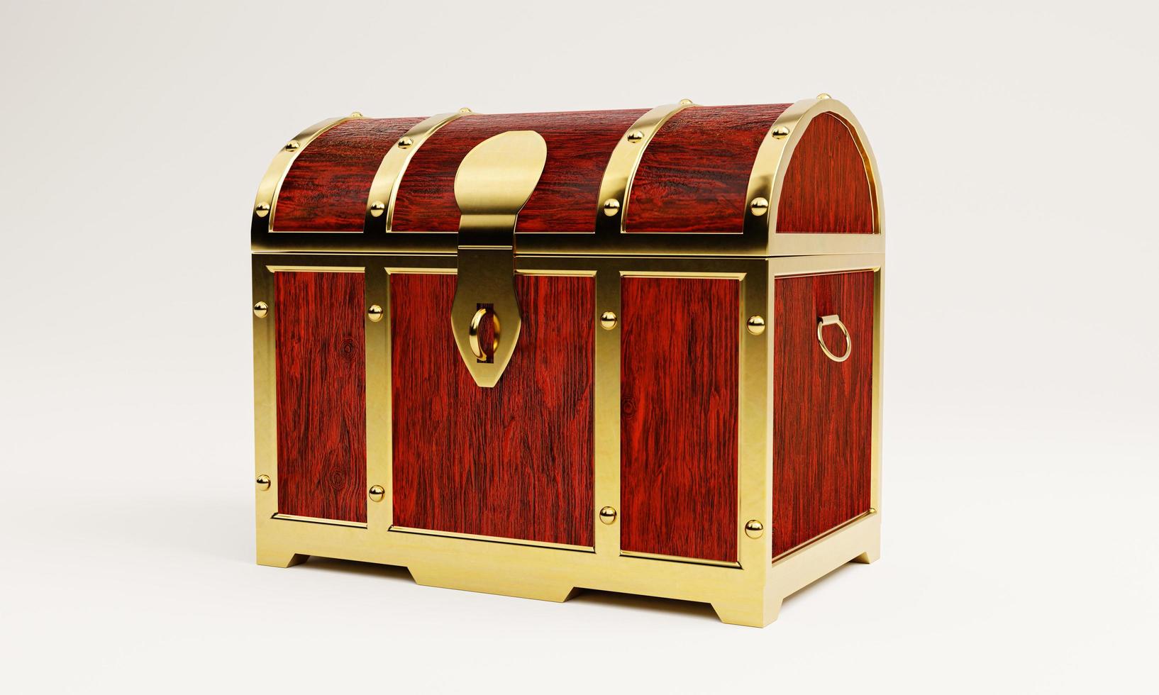 Treasure chest or retro treasure box Made with red painted wood and gold metal. Placed on white floor and background. 3D Rendering. photo