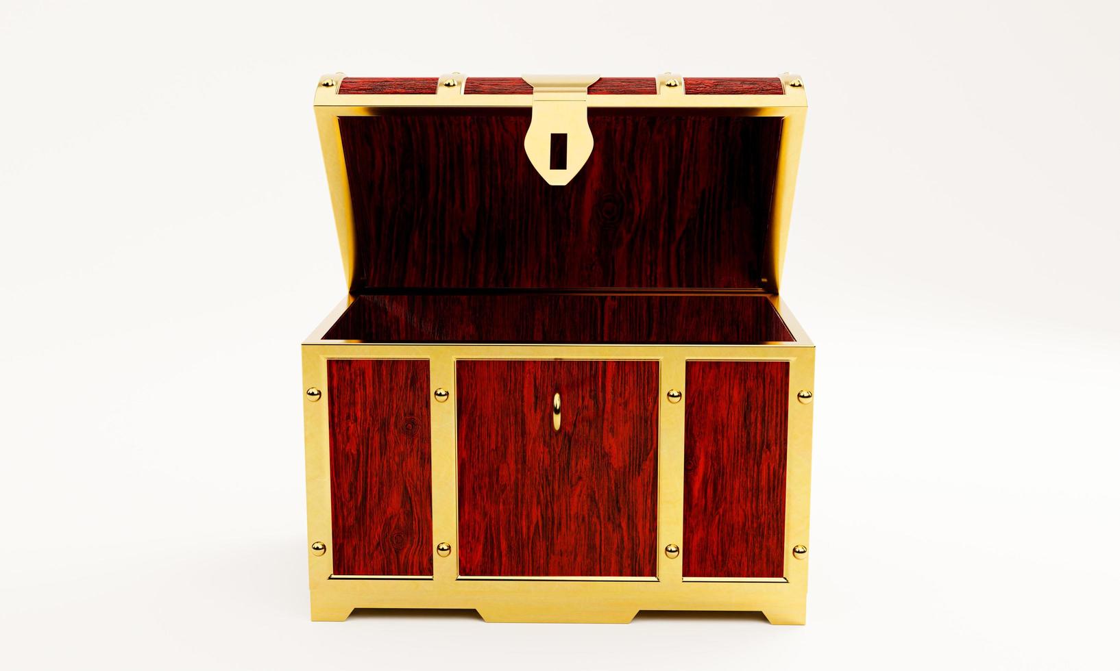 Treasure chest or retro treasure box Made with red painted wood and gold metal. Placed on white floor and background. 3D Rendering. photo