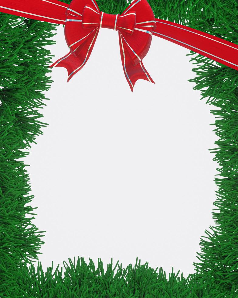 Frame or border template for a Christmas card. Red ribbon or bow, silver border for gift boxes. Pine leaves for Christmas decoration. 3D Rendering photo