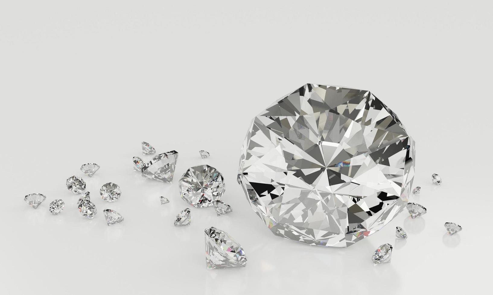 Many size Diamonds on  white background with Reflection on surface. 3D Rendering. photo