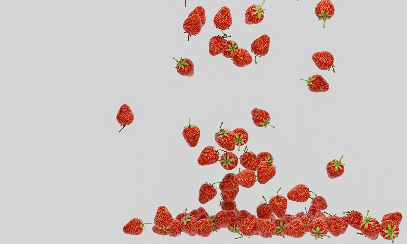 Many fresh red strawberries spread and falling over a white background and used as background or wallpaper. 3D Rendering photo