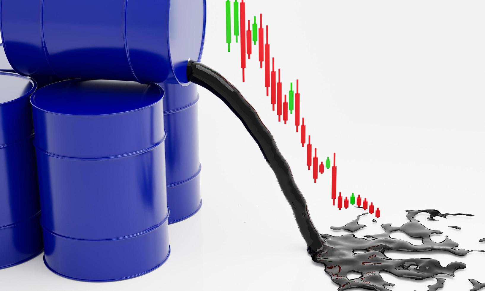 Oil is poured out of the blue barrel with Stock graph. Falling price of  Crude oil in Stock market concept. Isolated on white background. 3D rendering. photo