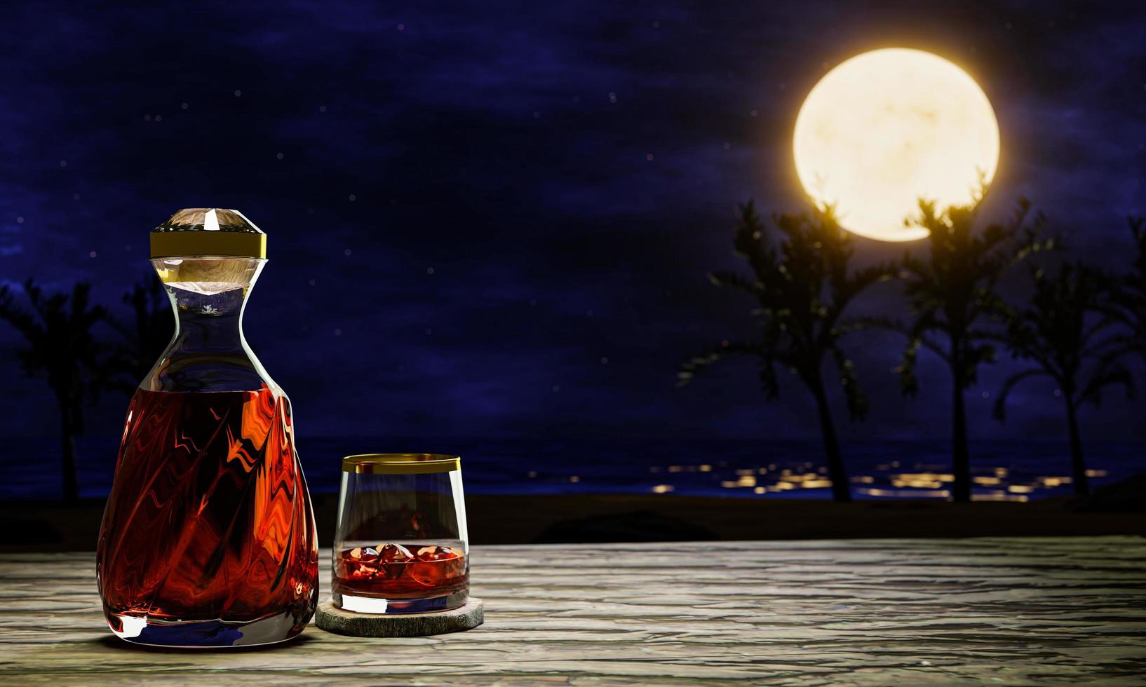 Brandy or whiskey in a luxury glass bottle and in a glass with ice cubes on a wooden surface table. Full moon night with full stars. Reflections on the sea Relaxing and romantic scene 3D Rendering. photo