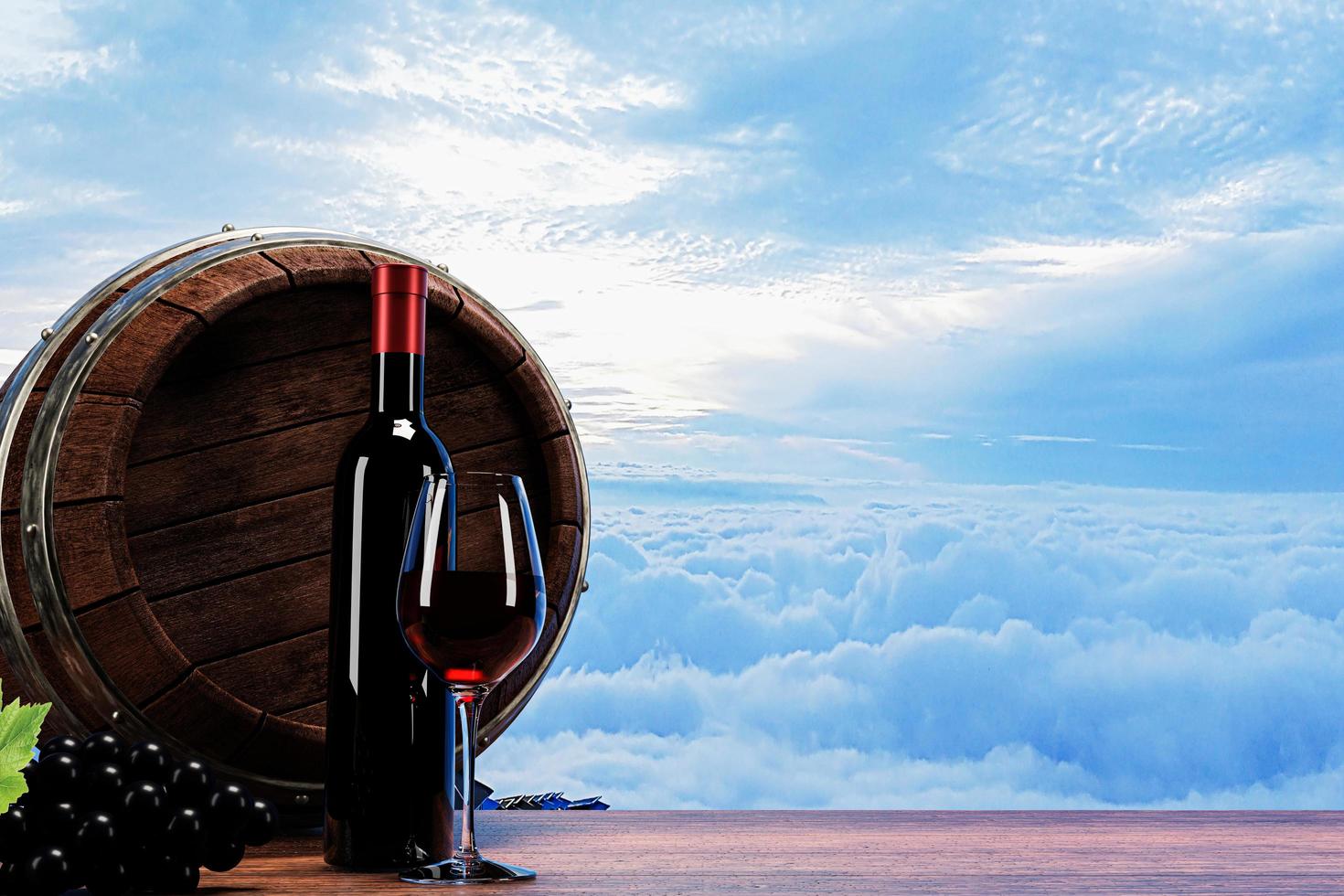 Red wine in clear glass and dark wine bottle Oak wine fermentation tank Placed on the floor of a wooden table There is a background in the morning mist.3D Rendering photo