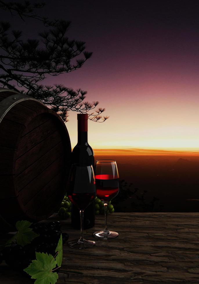 vino tinto en vidrio transparente, uvas rojas, uvas verdes y tanque de fermentación de vino en una mesa con piso de madera o corteza de árbol. la imagen de fondo era una montaña matutina. niebla y sol matutino. representación 3d foto