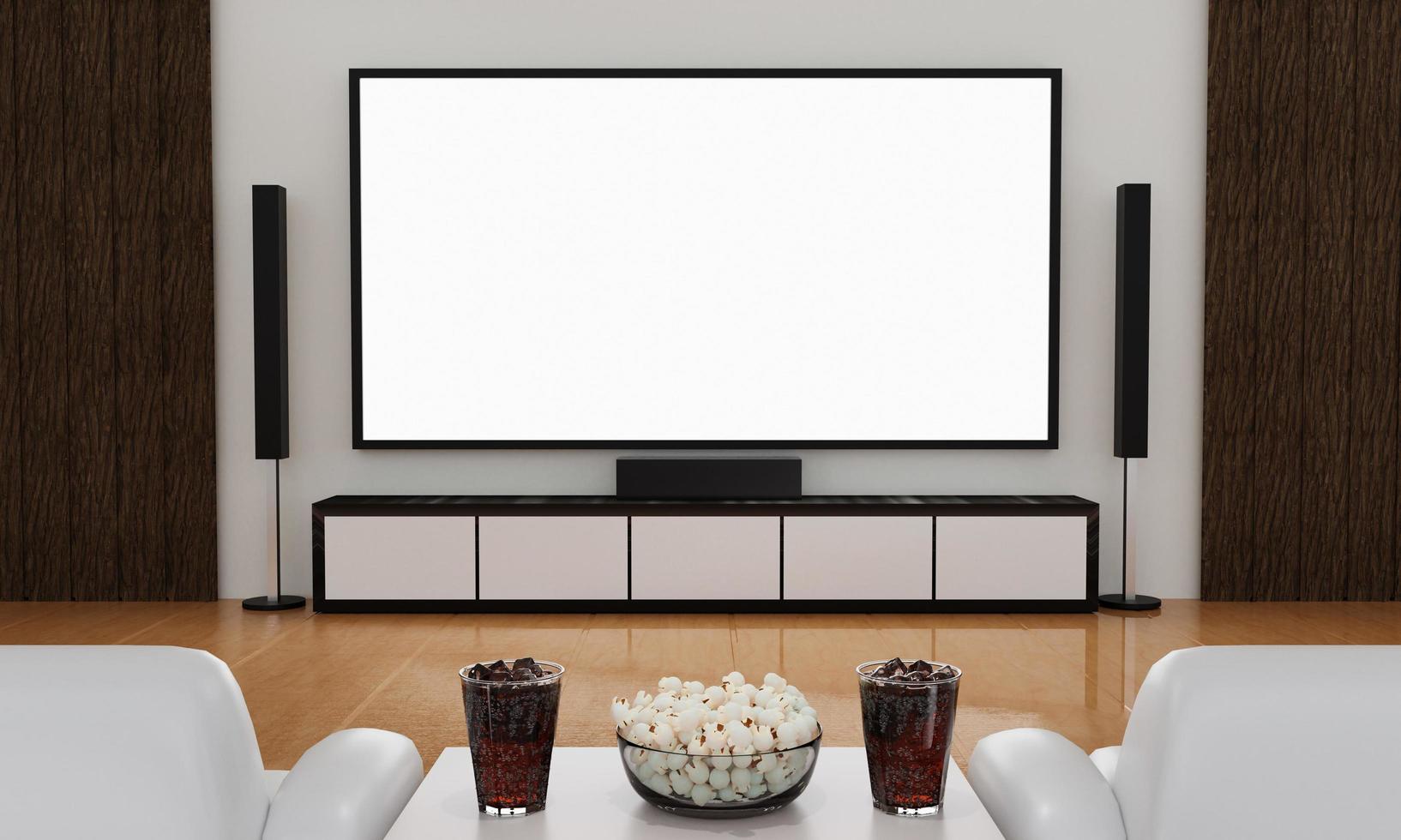 Home Theater on white plaster wall. Big wall screen TV and  Audio equipment use for Mini Home Theater. white sofa and table on wooden floor. Cola and ice cube with popcorn. 3D Rendering. photo