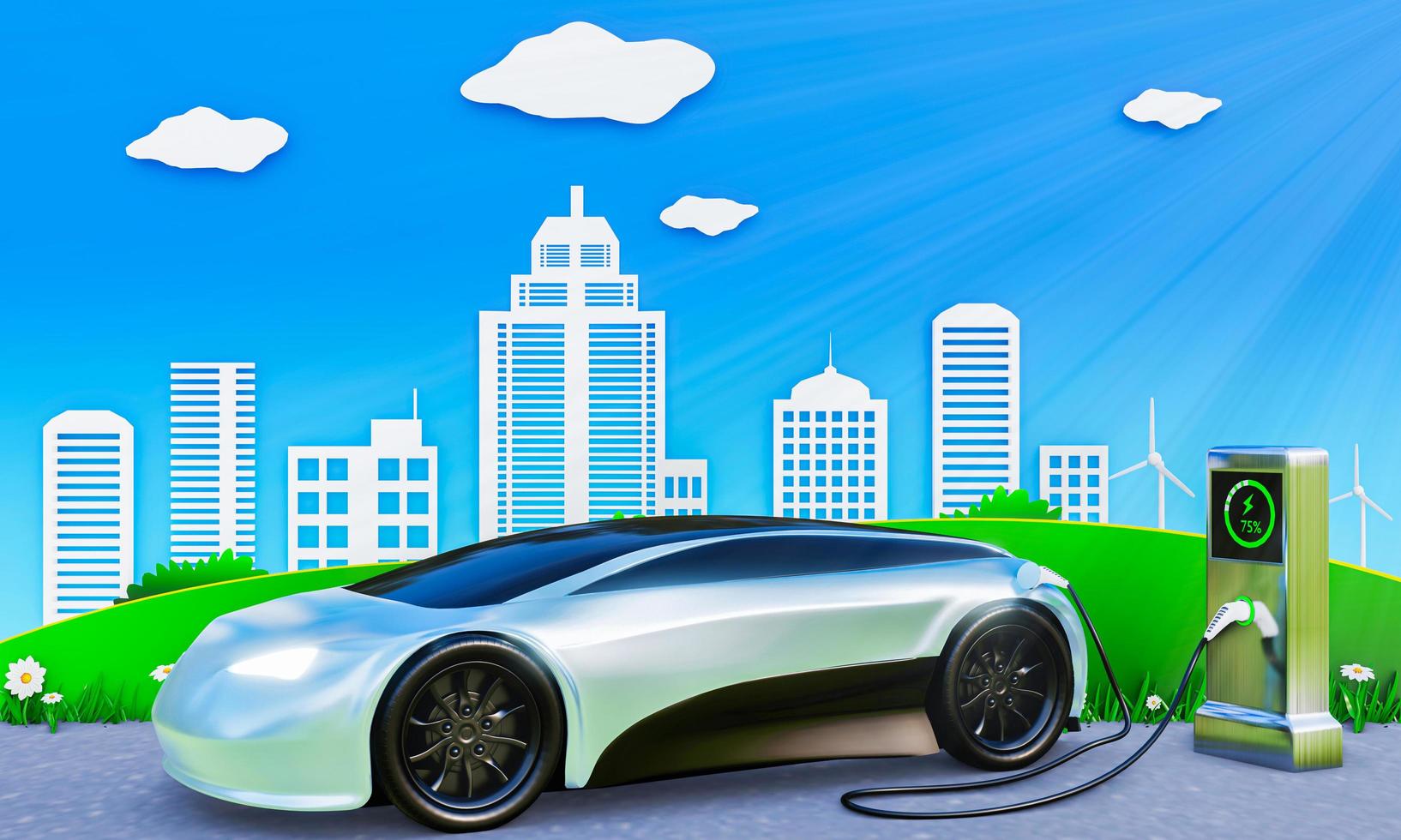 Electric car EV charger station. concept of clean technology. Powered by electricity, wind turbines. Cars chargers on the ground. clear sky nature clear white clouds City of the future. 3D rendering photo