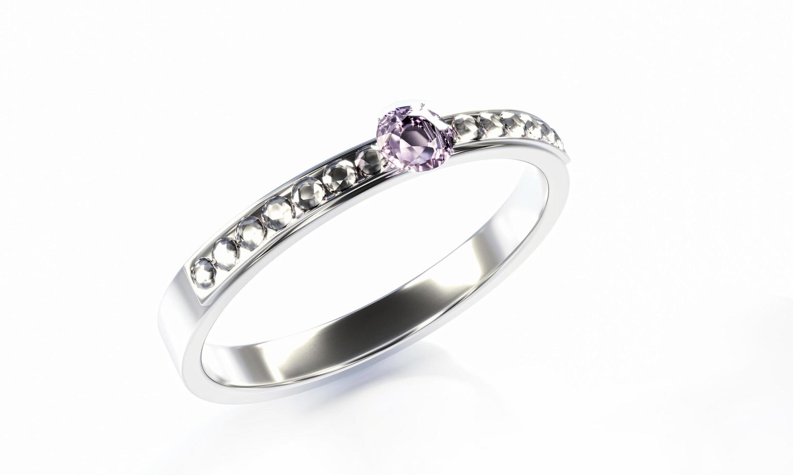 The large diamond is surrounded by many diamonds on the ring made of platinum gold placed on a gray background. Elegant wedding diamond ring for women.  3d rendering photo