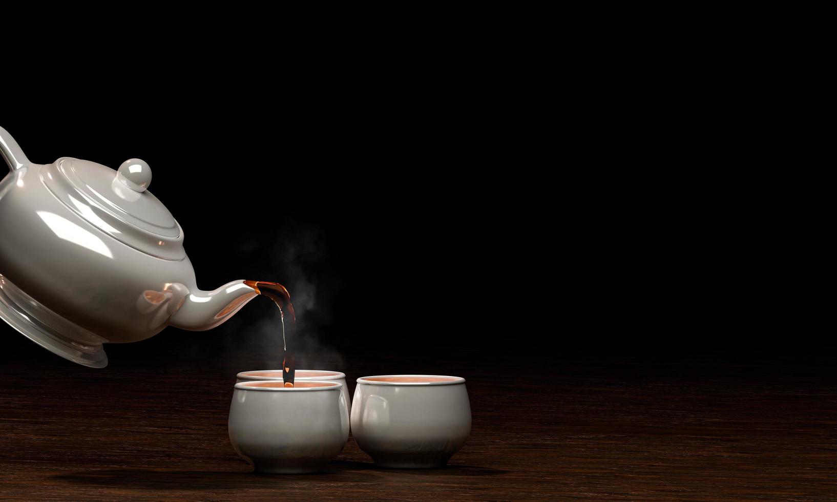 White ceramic teacup set On a wooden surface and a black background, pour the tea out of the pot onto the mug. 3D Rendering photo