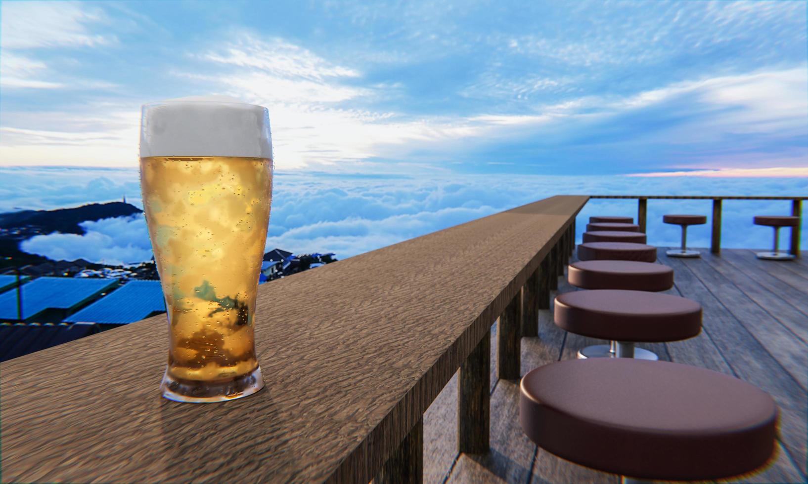 Clear beer glass with full cold beer and foam at the mouth of the glass And water droplets adhere to the edges. Plank or wood surface and with sea of mist in the morning sun. 3D Rendering photo