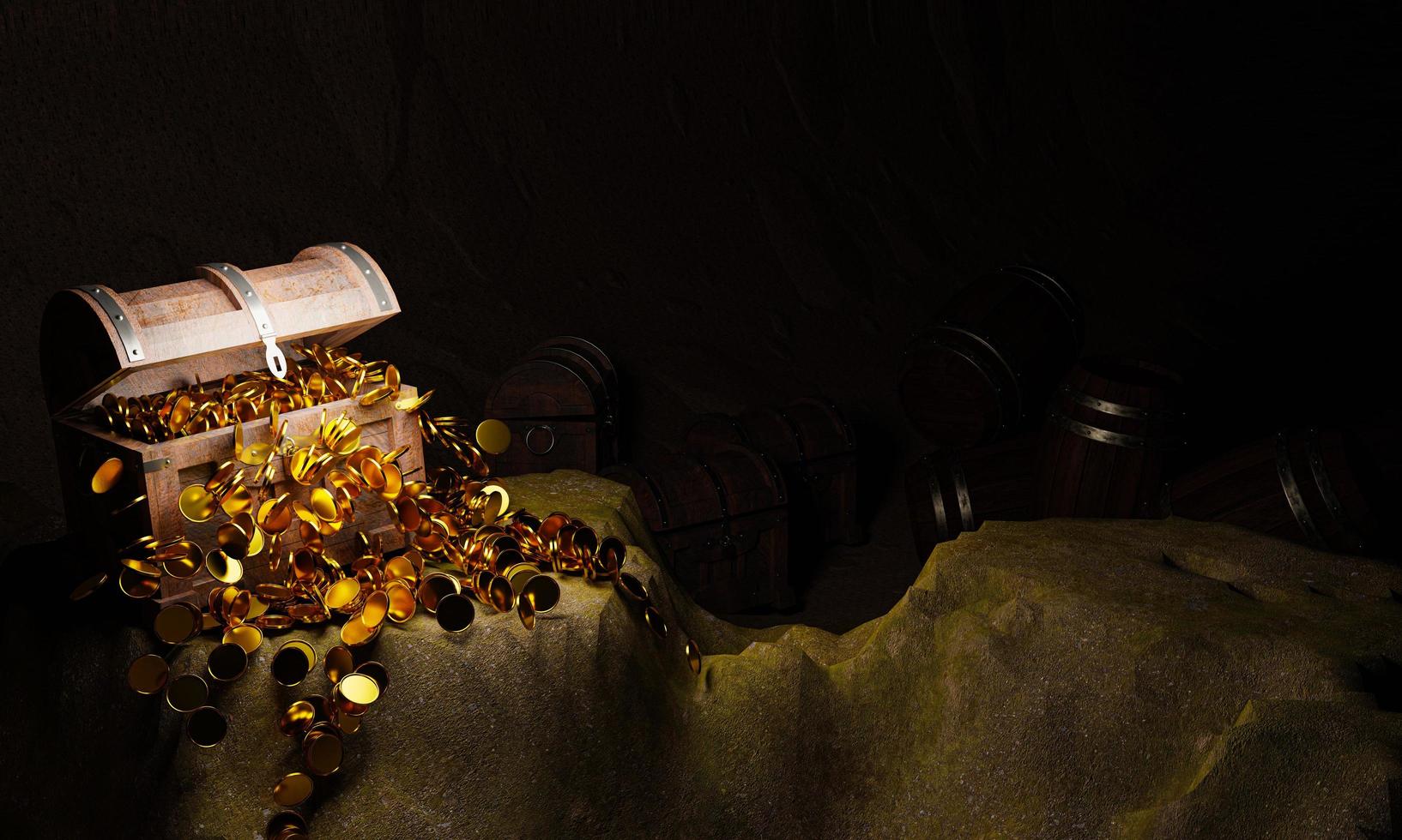 Golden Coins and vintage treasure chest made of wooden panels Reinforced with gold metal and gold pins Treasure boxes placed on the sand in a cave or treasure chest underwater. 3d Rendering photo